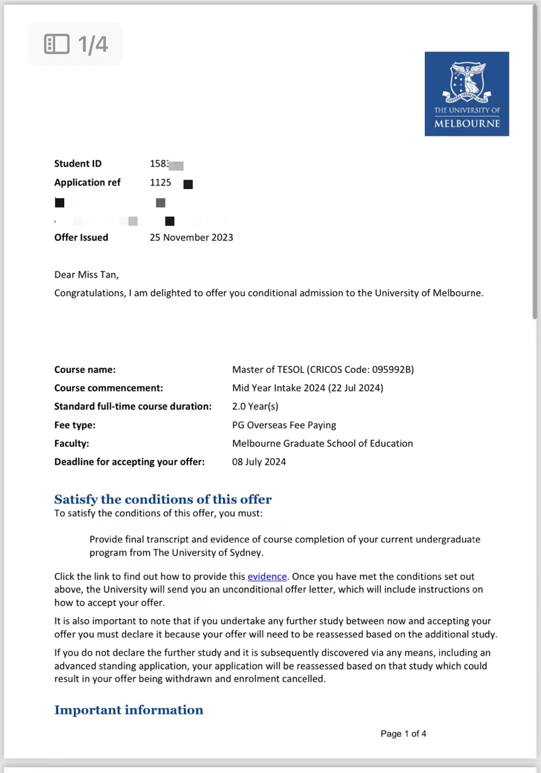 祝贺谭同学获得墨尔本大学英语教学硕士录取通知书！！！